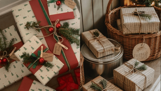 Viewing Deck Blog копия 1 Christmas presents wrapped in festive paper with red ribbons and green decorations, arranged in baskets and on a floor. | Sky Rye Design Christmas presents wrapped in festive paper with red ribbons and green decorations, arranged in baskets and on a floor.