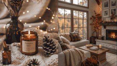 Cozy autumn scene with pumpkin spice candle, pine cones, and a warm living room featuring fall decor and a lit fireplace.