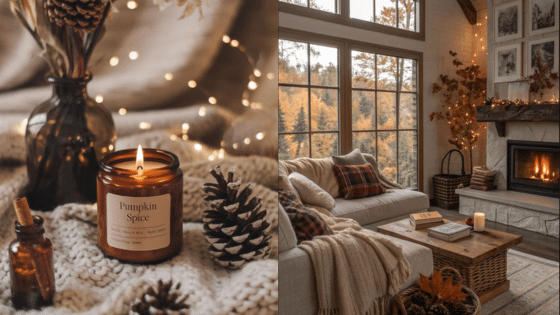 Viewing Deck Blog копия 11 Cozy autumn scene with pumpkin spice candle, pine cones, and a warm living room featuring fall decor and a lit fireplace. | Sky Rye Design Cozy autumn scene with pumpkin spice candle, pine cones, and a warm living room featuring fall decor and a lit fireplace.