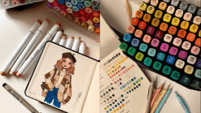 Illustration with colorful markers and sketchbook; character in plaid shirt next to vibrant marker set and color swatches.