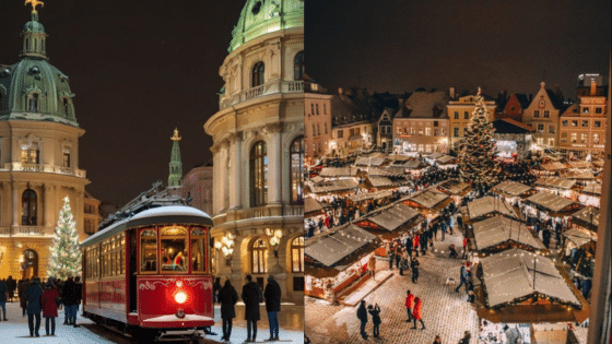 Viewing Deck Blog копия 16 Vintage tram and festive Christmas market with lights and decorations in a snowy European city at night. | Sky Rye Design Vintage tram and festive Christmas market with lights and decorations in a snowy European city at night.