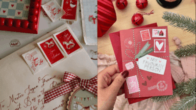 Christmas cards with festive designs and stamps, featuring handwritten messages and decorative elements like ribbons and ornaments.
