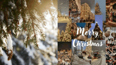 Festive collage with snow-dusted pine branches and Christmas scenes, wishing a Merry Christmas amid snowy landscapes and holiday decor.
