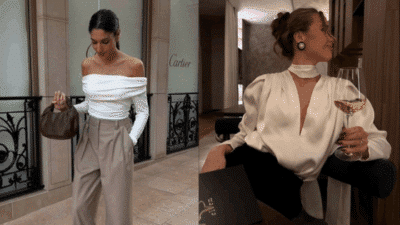 Two women in chic outfits: one in an off-shoulder top and trousers outdoors, another in a satin blouse holding wine indoors.