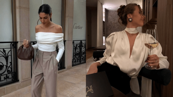 Viewing Deck Blog копия 2 Two women in chic outfits: one in an off-shoulder top and trousers outdoors, another in a satin blouse holding wine indoors. | Sky Rye Design Two women in chic outfits: one in an off-shoulder top and trousers outdoors, another in a satin blouse holding wine indoors.