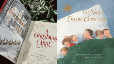 A Christmas Carol and The Night Before Christmas books with festive covers featuring snowy scenes and cozy illustrations.