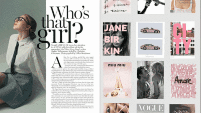 Fashion magazine spread featuring a model in a chic outfit, with text Who's that girl? and various artistic images and posters on the side.