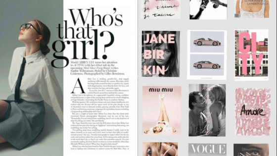 Viewing Deck Blog копия 21 Fashion magazine spread featuring a model in a chic outfit, with text Who's that girl? and various artistic images and posters on the side. | Sky Rye Design Fashion magazine spread featuring a model in a chic outfit, with text Who's that girl? and various artistic images and posters on the side.