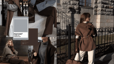 Fashion collage showcasing elegant brown outfits, leather gloves, and a Pantone color swatch, styled for a chic autumn look.