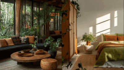 Cozy eco-friendly living and bedroom spaces with natural wood furniture, lush plants, and warm earth tones, creating a serene atmosphere.