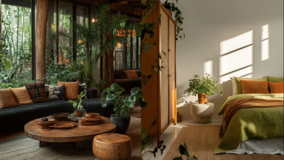 Viewing Deck Blog копия 24 Cozy eco-friendly living and bedroom spaces with natural wood furniture, lush plants, and warm earth tones, creating a serene atmosphere. | Sky Rye Design Cozy eco-friendly living and bedroom spaces with natural wood furniture, lush plants, and warm earth tones, creating a serene atmosphere.