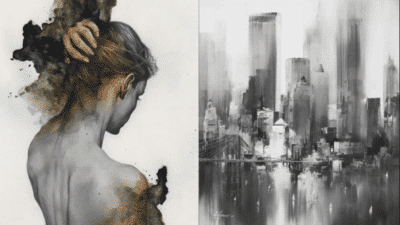 Artistic blend of a contemplative figure with a hand on head beside a monochrome abstract cityscape. Modern expressionist art scene.