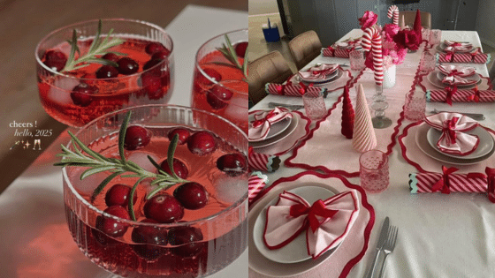 Viewing Deck Blog копия Festive table setup with pink and red decor, featuring cranberry cocktails garnished with rosemary, ready for a New Year celebration. | Sky Rye Design Festive table setup with pink and red decor, featuring cranberry cocktails garnished with rosemary, ready for a New Year celebration.