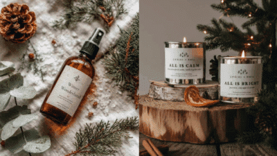 Winter-themed aromatherapy: a Winter Wonderland spray with two lit candles, All Is Calm and All Is Bright, amid festive greenery.