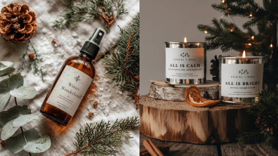 Viewing Deck Blog копия 3 Winter-themed aromatherapy: a Winter Wonderland spray with two lit candles, All Is Calm and All Is Bright, amid festive greenery. | Sky Rye Design Winter-themed aromatherapy: a Winter Wonderland spray with two lit candles, All Is Calm and All Is Bright, amid festive greenery.