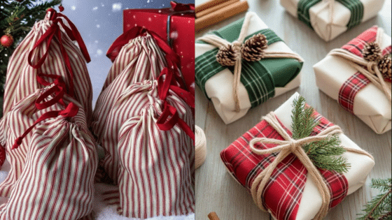 Viewing Deck Blog копия 4 Striped fabric gift bags with red ribbons and plaid wrapped presents, adorned with twine and pinecones, perfect for festive holiday gifting. | Sky Rye Design Striped fabric gift bags with red ribbons and plaid wrapped presents, adorned with twine and pinecones, perfect for festive holiday gifting.