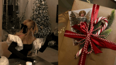 Elegant woman in front of a Christmas tree, paired with a festive gift box tied with red ribbon and adorned with greenery.