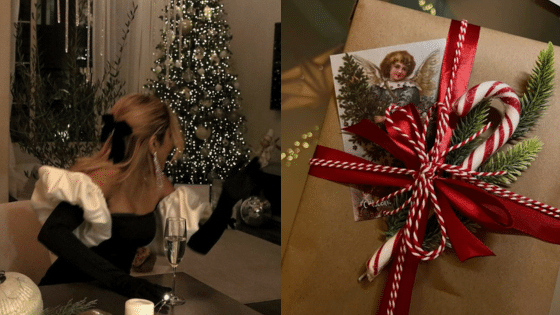 Viewing Deck Blog копия 4 Elegant woman in front of a Christmas tree, paired with a festive gift box tied with red ribbon and adorned with greenery. | Sky Rye Design Elegant woman in front of a Christmas tree, paired with a festive gift box tied with red ribbon and adorned with greenery.