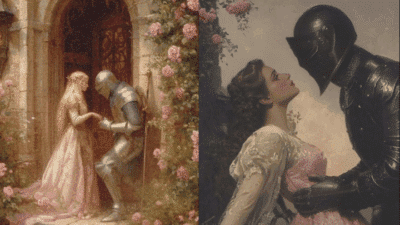 Romantic scenes with armored knights and women in vintage attire, set in lush floral settings, conveying timeless love and chivalry.