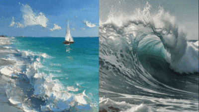 Sailboat on a textured ocean painting alongside a realistic photo of a curling wave, highlighting the beauty of the sea.