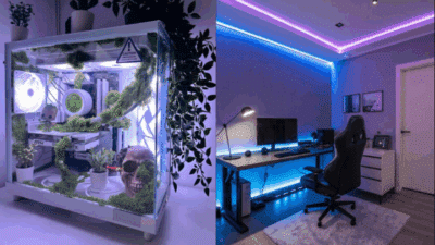 Futuristic gaming setup with neon lights; custom PC case featuring plants and decor, alongside a dual-monitor desk with LED lighting.