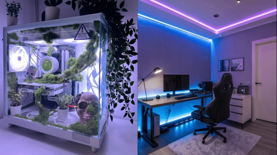 Viewing Deck Blog копия 5 Futuristic gaming setup with neon lights; custom PC case featuring plants and decor, alongside a dual-monitor desk with LED lighting. | Sky Rye Design Futuristic gaming setup with neon lights; custom PC case featuring plants and decor, alongside a dual-monitor desk with LED lighting.