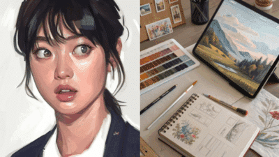 Digital art of a surprised woman on the left and a digital painting setup with a tablet and sketchbook on the right.