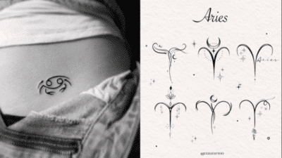 Tattoo designs featuring Aries and Cancer symbols; intricate zodiac art and an inked Cancer tattoo on the waist.