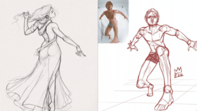 Sketches of dynamic human figures, one in flowing dress, another in an action pose, showcasing artistic anatomy and movement.
