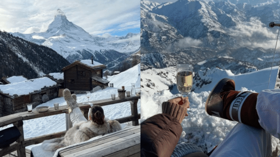 Viewing Deck Blog копия 8 Enjoying a winter retreat with stunning views of snow-capped mountains, cozy cabins, and a glass of wine on a sunny deck. | Sky Rye Design Enjoying a winter retreat with stunning views of snow-capped mountains, cozy cabins, and a glass of wine on a sunny deck.