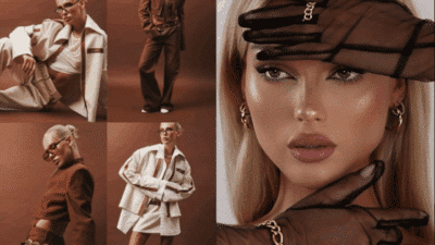 Fashionable woman in stylish outfits, showcasing modern trends in a collage.