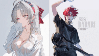 Anime characters: a thoughtful woman with gray hair and red bow, and a confident man with red hair holding a guitar, '#Yoshi Darari Remix'.