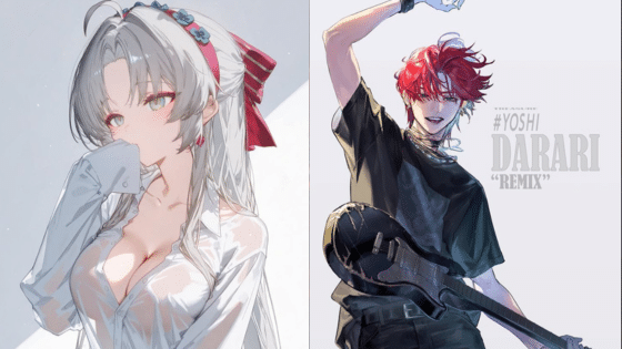 Viewing Deck Blog копия 9 Anime characters: a thoughtful woman with gray hair and red bow, and a confident man with red hair holding a guitar, '#Yoshi Darari Remix'. | Sky Rye Design Anime characters: a thoughtful woman with gray hair and red bow, and a confident man with red hair holding a guitar, '#Yoshi Darari Remix'.