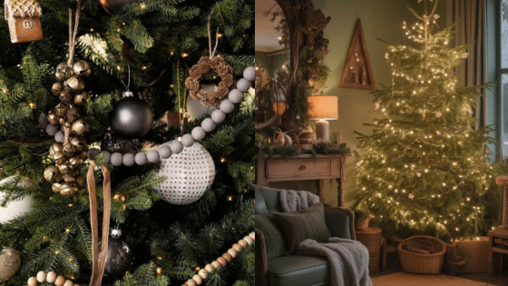 Viewing Deck Blog копия 9 Close-up of a Christmas tree adorned with elegant ornaments and warm lights, next to a cozy living room setting with a lit tree. | Sky Rye Design Close-up of a Christmas tree adorned with elegant ornaments and warm lights, next to a cozy living room setting with a lit tree.