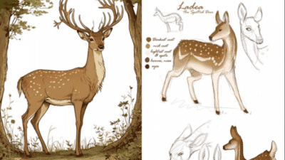Illustrated spotted deer designs with anatomical sketches and color palette notes for art reference.