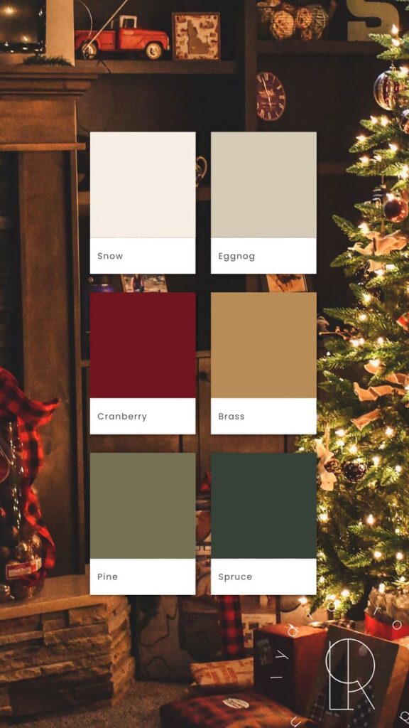 Warm holiday palette with colors: Snow, Eggnog, Cranberry, Brass, Pine, Spruce, set against a cozy, decorated living room.