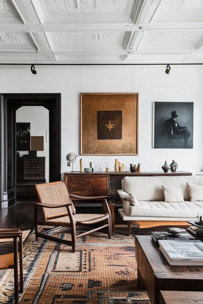 Vintage Finds_ Mixing Antiques with Contemporary Decor Stylish living room with mid-century modern furniture, textured ceiling, and unique wall art. | Sky Rye Design Stylish living room with mid-century modern furniture, textured ceiling, and unique wall art.