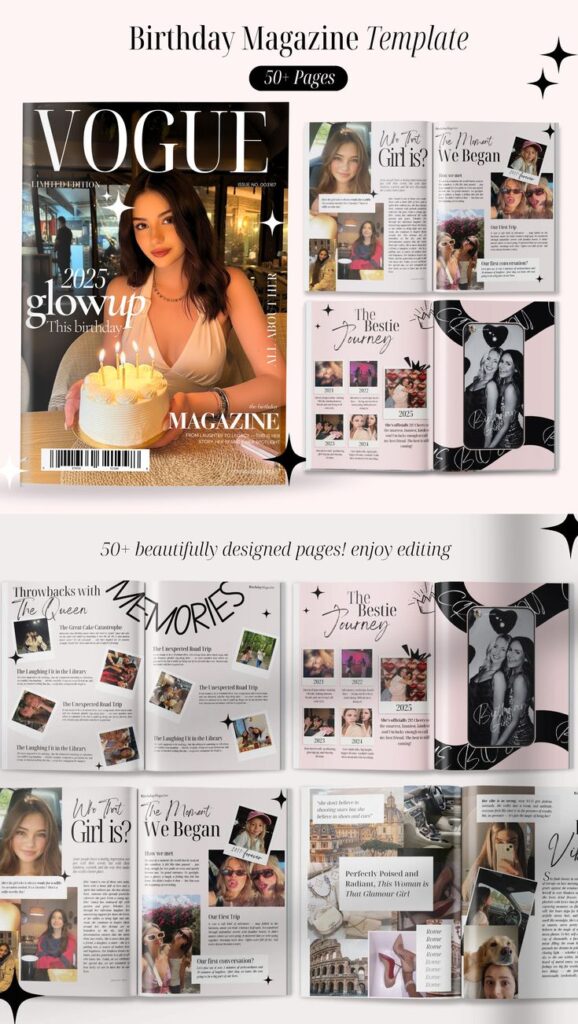 Birthday magazine template featuring stylish layouts with photos, articles, and design elements for celebrating a special occasion.