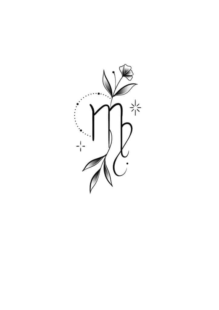 Virgo zodiac symbol with floral elements and star accents in minimalist black and white design.