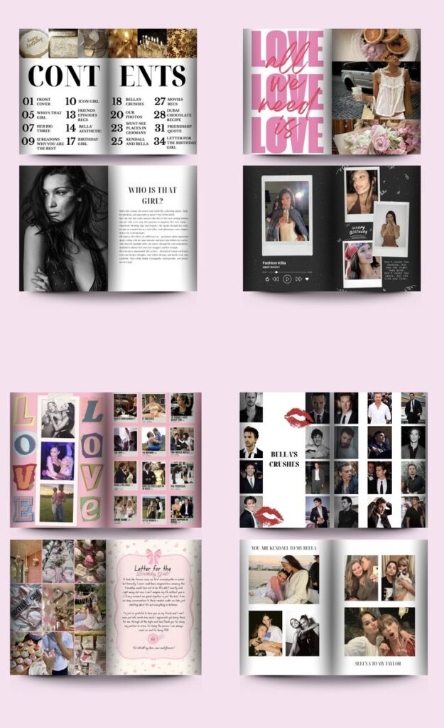 Magazine collage showcasing various layouts with images, texts, and colors on a pink background.