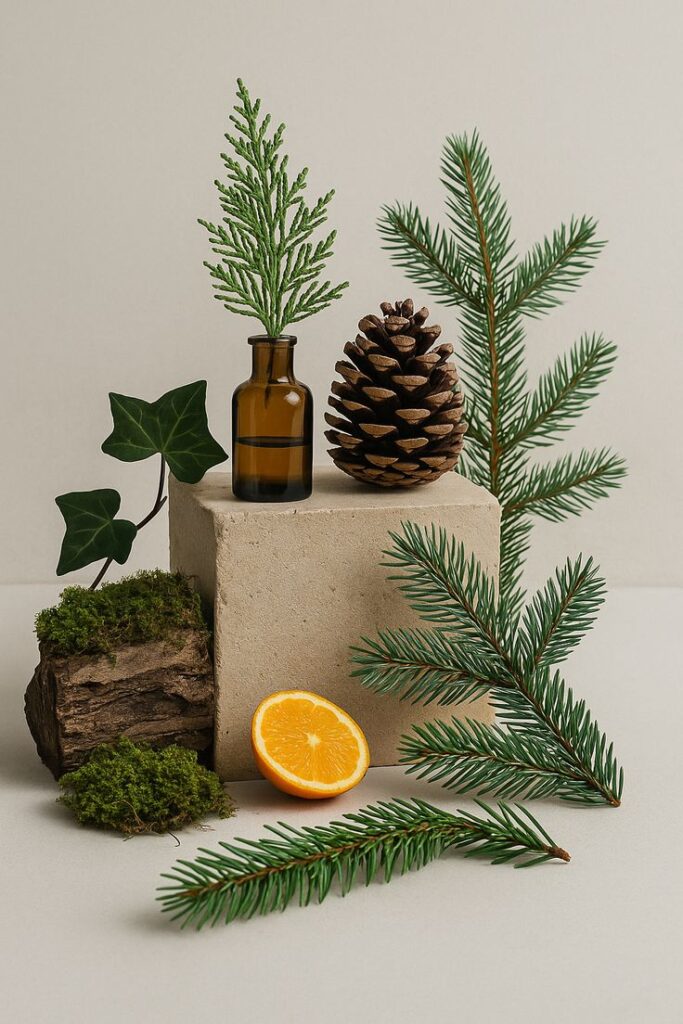 WINTER PINES Rustic arrangement with pine branches, a pine cone, orange slice, brown bottle, moss, and ivy on a stone block. Natural decor inspiration. | Sky Rye Design Rustic arrangement with pine branches, a pine cone, orange slice, brown bottle, moss, and ivy on a stone block. Natural decor inspiration.