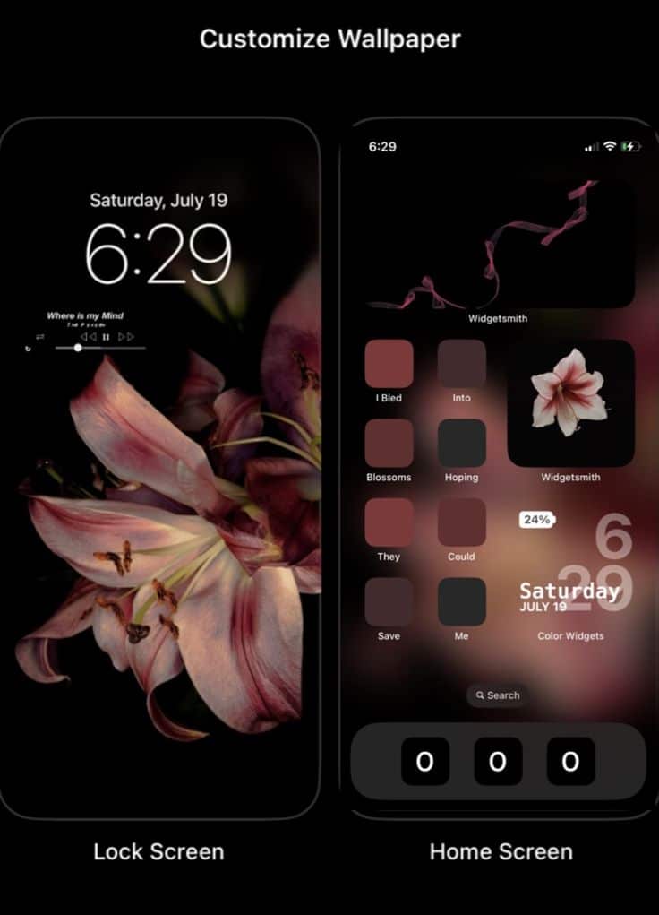 Wallpaper_homescreen ideas Floral iPhone wallpaper with time, date, and widgets displayed on lock and home screens for customization. | Sky Rye Design Floral iPhone wallpaper with time, date, and widgets displayed on lock and home screens for customization.