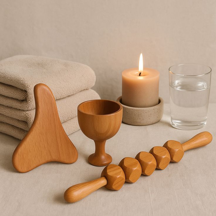 Wooden massage tools, candle, and glass of water on spa setup with beige towels. Relaxation, wellness, and self-care essential products.