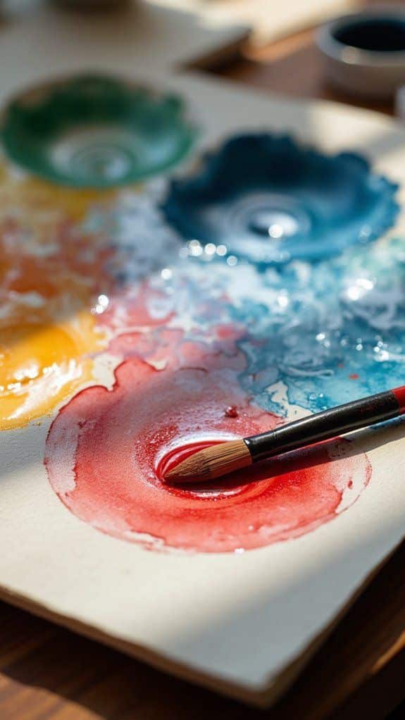 Watercolor paint palette with vibrant red, yellow, green, and blue hues. A brush touches a red spot, creating a vivid artistic scene.