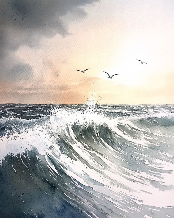 Watercolor - Artists Reveal Top 24 Watercolor Ocean Drawing Ideas watercolor _ Facebook Watercolor painting of ocean waves crashing with dramatic clouds and three birds flying overhead at sunrise. | Sky Rye Design Watercolor painting of ocean waves crashing with dramatic clouds and three birds flying overhead at sunrise.