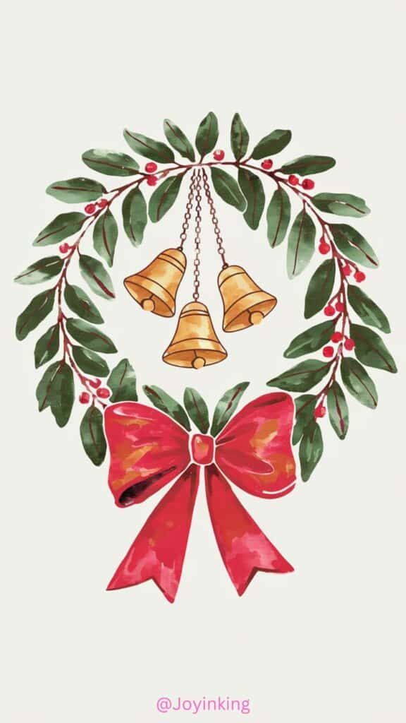 Festive wreath with red bow, holly leaves, berries, and golden bells, perfect for Christmas decoration and seasonal greetings.