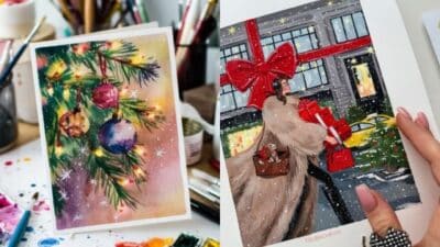 Colorful holiday illustrations: festive ornaments on a Christmas tree and a stylish woman with gifts in a snowy city scene.