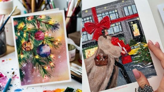 Watercolor Drawings Easy Festive Ideas for Holiday Art Projects Colorful holiday illustrations: festive ornaments on a Christmas tree and a stylish woman with gifts in a snowy city scene. | Sky Rye Design Colorful holiday illustrations: festive ornaments on a Christmas tree and a stylish woman with gifts in a snowy city scene.