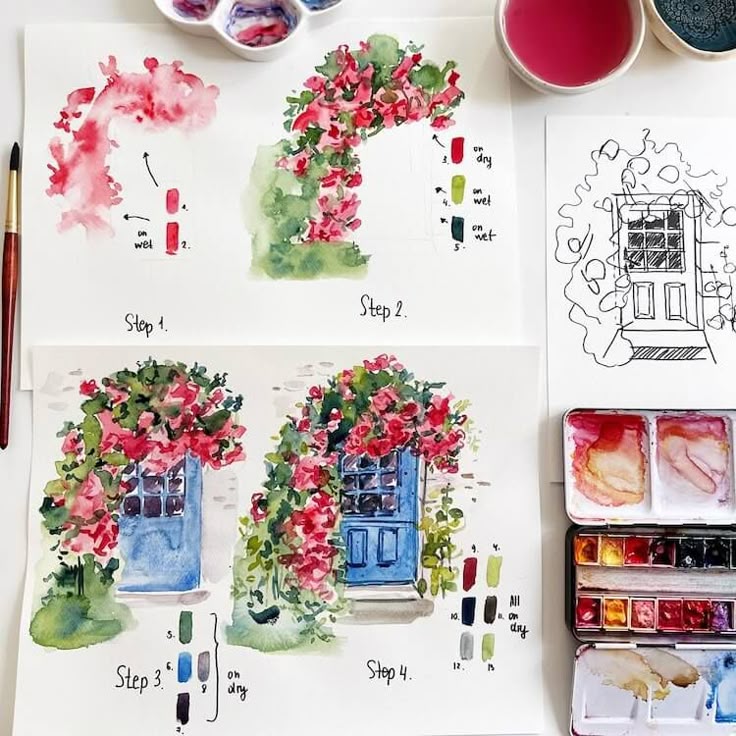 Step-by-step watercolor tutorial of a floral arch above a blue door, with paint palette and brushes showcasing vibrant colors.