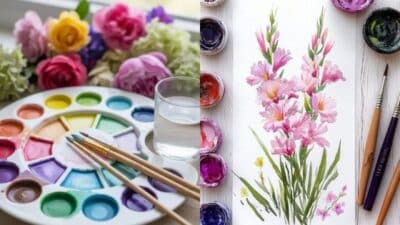 Watercolor palette and brushes next to a floral painting, featuring pink and yellow flowers, inspiring artistic creativity.